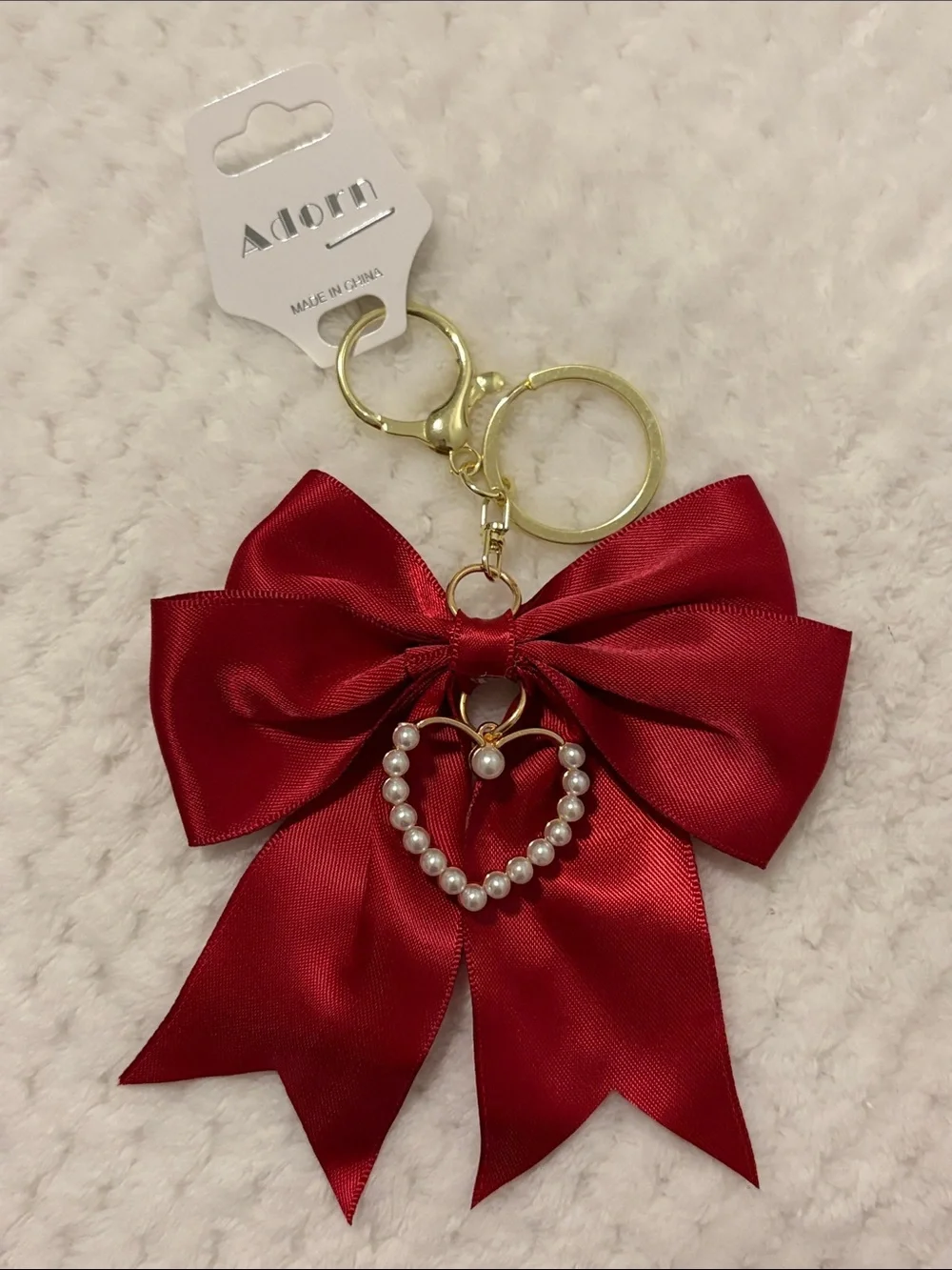 Red Satin Bow Keychain with Pearl Heart Charm